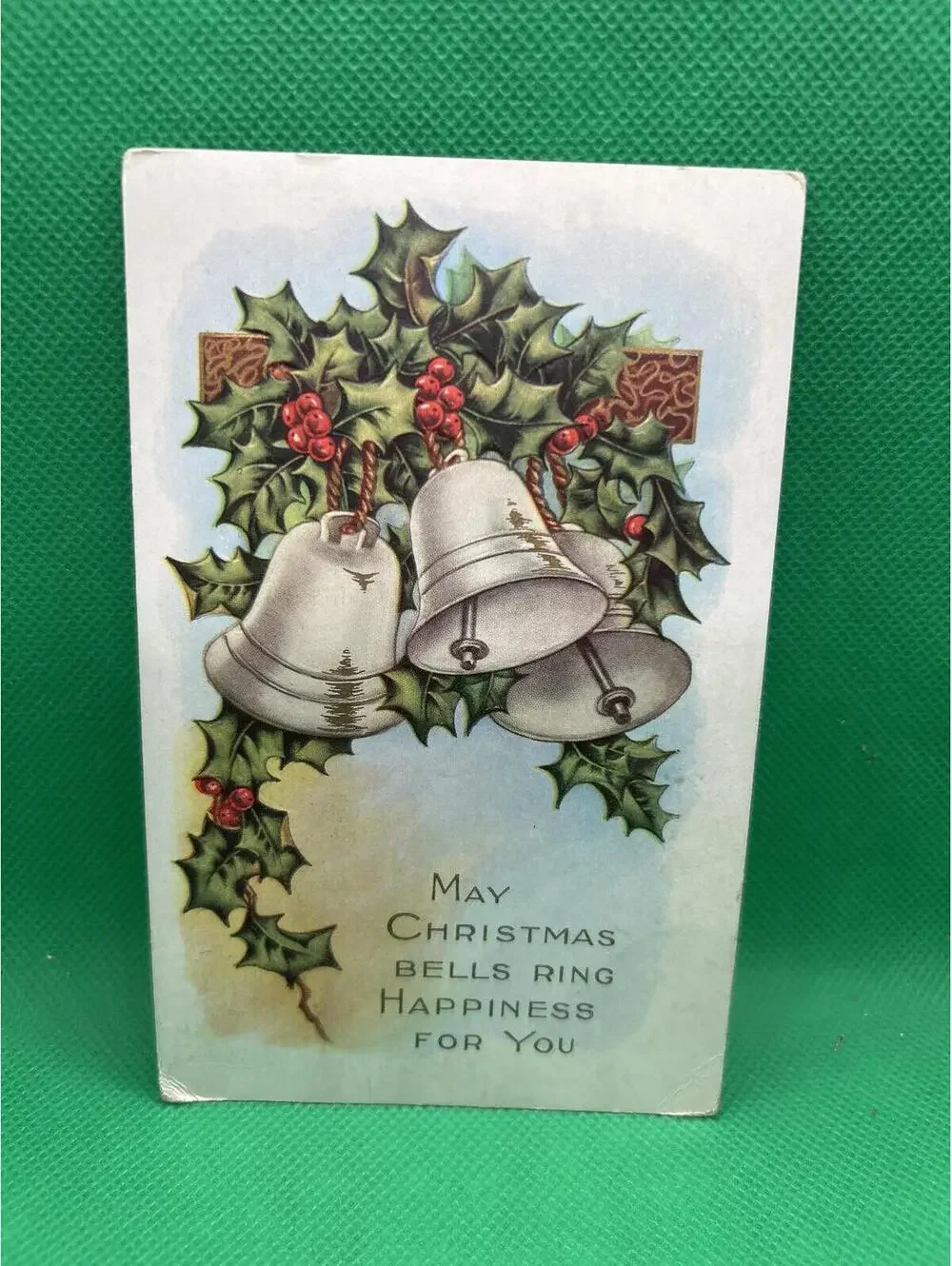 Vintage Christmas Postcard with Silver Bells and Holly Design =box5 -box5